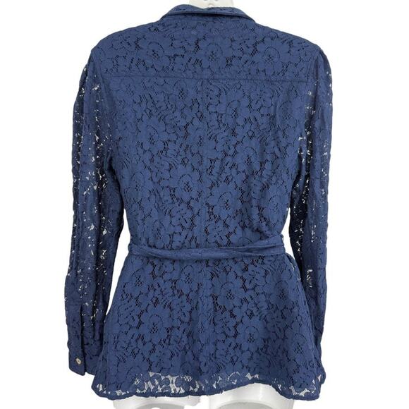 Marla Wynne Collection Navy Lace Sheer Sleeves Belted Button Up Top Blouse sz S - Picture 13 of 16